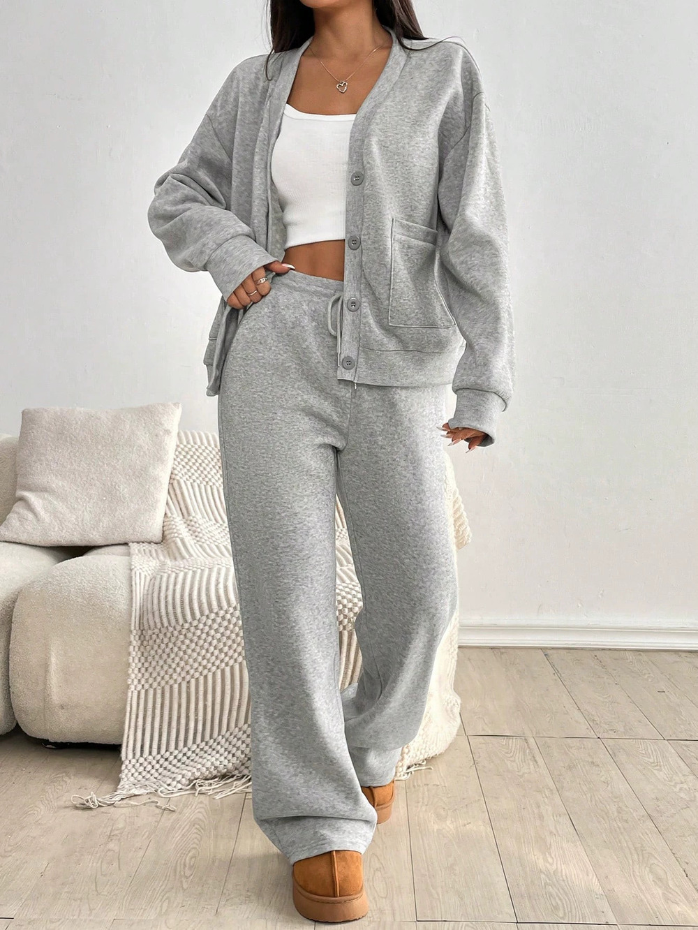 ZARA Autumn Winter Imitation Cotton Cardigan Wide Leg Pants Airy Casual Fashion